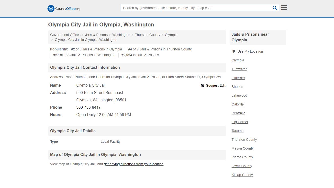 Olympia City Jail - Olympia, WA (Address, Phone, and Hours) - County Office